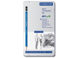 Lapices de grafito straedtler mars lumograph 100 caja metalica de 12 lapices 8b- 7b-6b-5b-4b-3b-2b-b-hb-f-h-2h