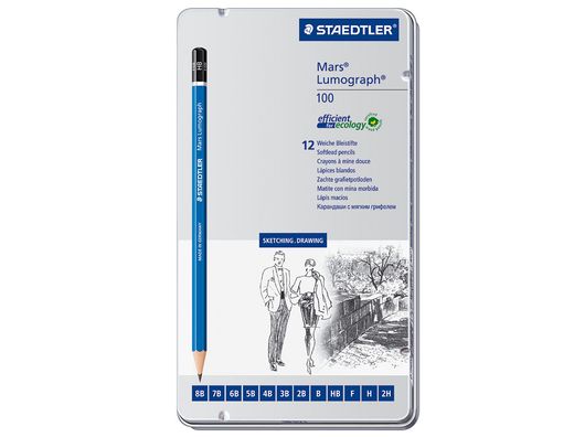 Lapices de grafito straedtler mars lumograph 100 caja metalica de 12 lapices 8b- 7b-6b-5b-4b-3b-2b-b-hb-f-h-2h