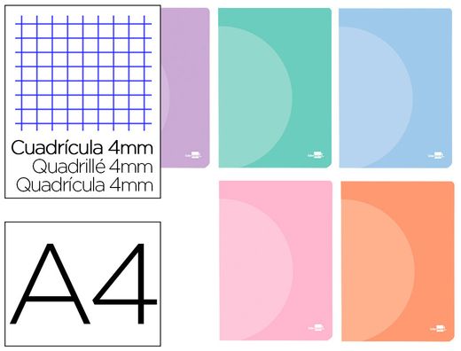 Libreta liderpapel 360 tapa de plastico a4 48 hojas 90g/m2 cuadro 4 mm con margen colores pastel surtidos