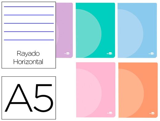 Libreta liderpapel 360 tapa de plastico a5 48 hojas 90g/m2 horizontal con doble margen colores pastel