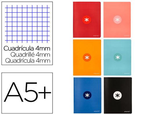 Libreta liderpapel antartik a5+ plus cosida 48 hojas 90g/m2 cuadro 4mm con margen 6 colores surtidos