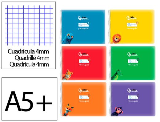 Libreta liderpapel pautaguia tapa cartoncillo 32h din a5+ 75gr cuadriculado pautado 4mm apaisada con margen 6 colores