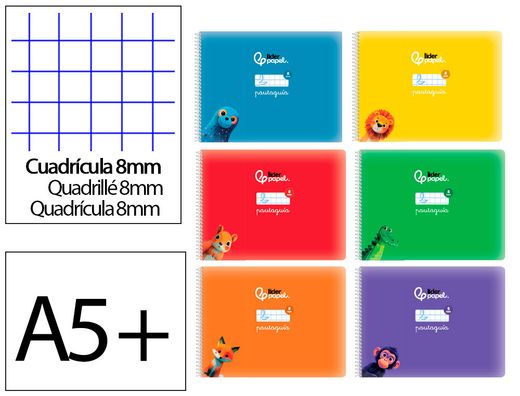 Libreta liderpapel pautaguia tapa cartoncillo 32h din a5+ 75gr cuadriculado pautado 8mm apaisada con margen 6 colores