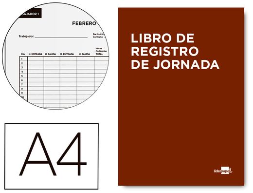 Libro liderpapel registro de jornada empleados 2021 DIN A4 10 empleados mes pagina papel blanco 90 gr