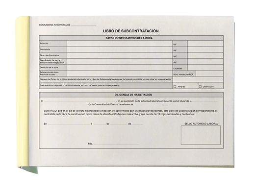 Libro liderpapel subcontratacion folio juego de 10 hojas autocopiativas