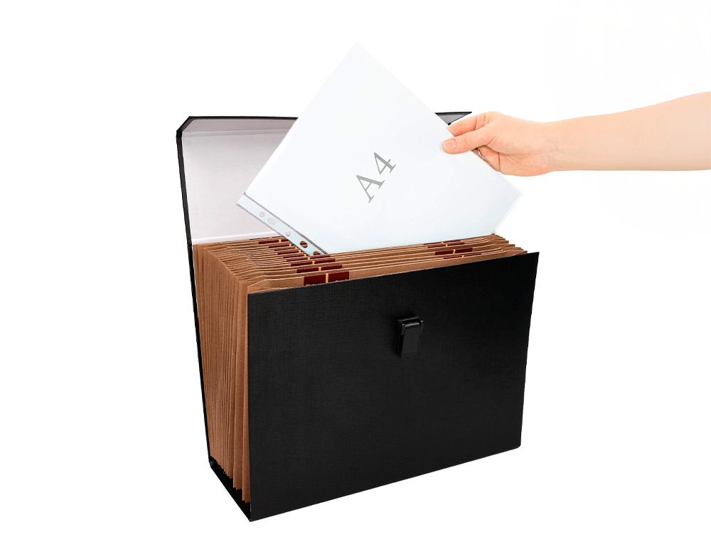 Maletin liderpapel con fuelle y asa carton forrado 19 departamentos 255x390x120 mm color negro