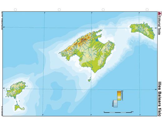 Mapa mudo color din a4 islas baleares fisico