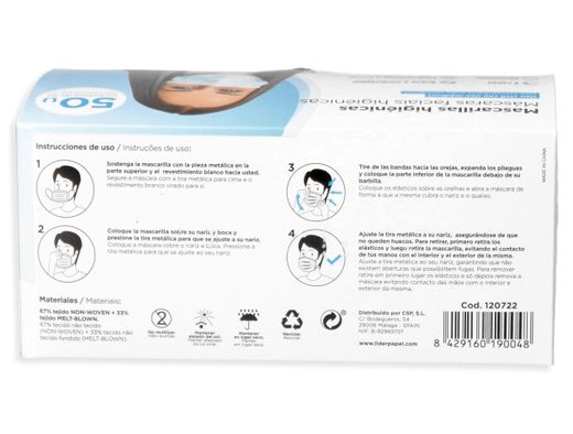 Mascarilla facial proteccion higienica desechable 3 capas filtracion 95% blanca