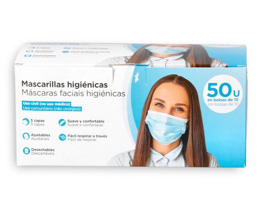 Mascarilla facial proteccion higienica desechable 3 capas filtracion 95% blanca