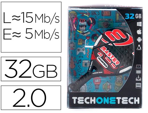 Memoria usb tech on tech raqueta padel roja 32 gb