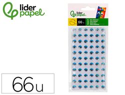 Ojo adhesivo liderpapel 10 mm con pupila negra y pestańa de color azul pack de 66 unidades