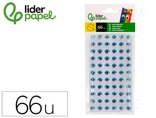Ojo adhesivo liderpapel 10 mm con pupila negra y pestańa de color azul pack de 66 unidades