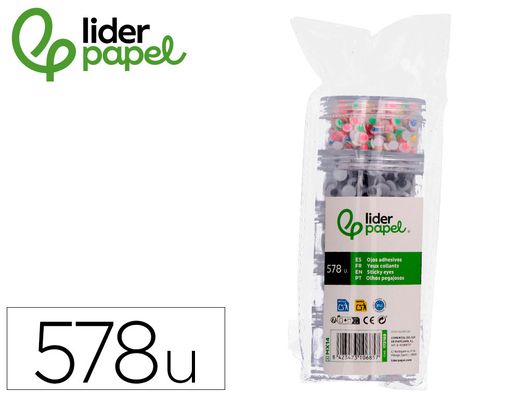 Ojo adhesivo liderpapel tamańos y colores surtidos 5 botes adaptables con 578 unidades
