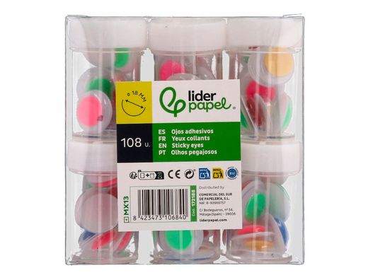 Ojo liderpapel 18 mm blanco con pupila de colores surtidos pack de 108 unidades