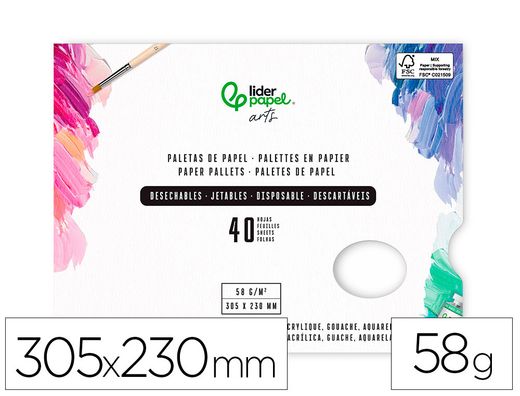Paletas de papel desechables liderpapel para pintura 40 hojas gramaje 58g/m2 con agujero para pulgar