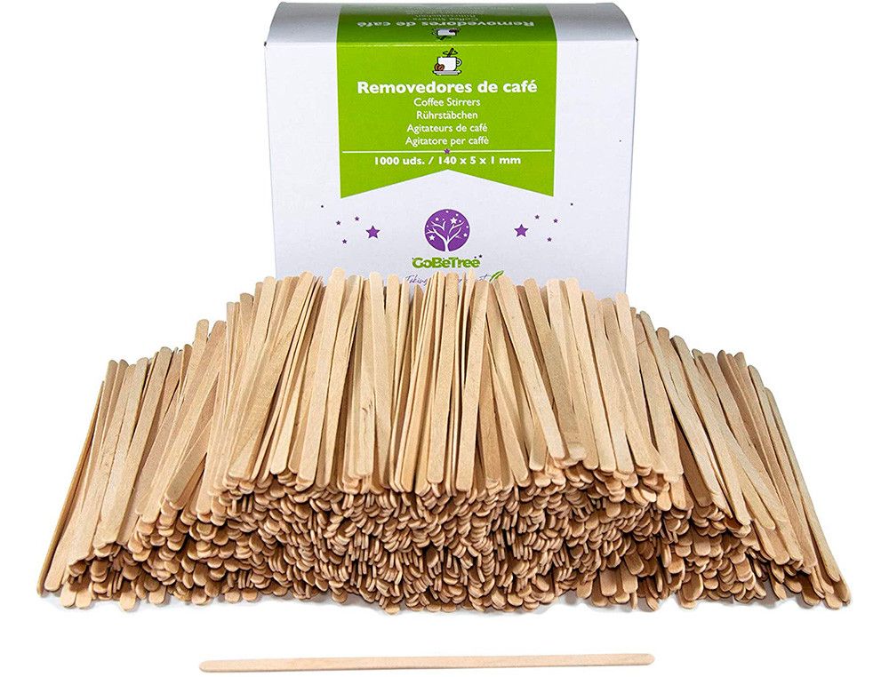 Paletina agitadora de madera 14 cm para el cafe con funda individual bolsa de 1000 unidades