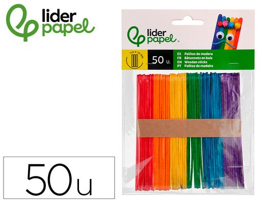 Palitos de madera liderpapel colores surtidos 11,4x1 cm bolsa con 50 unidades