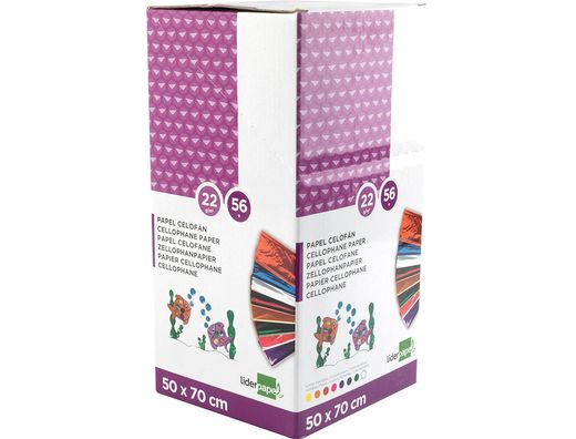 Papel Celofan Liderpapel 50X70 Expositor 56 Bolsas de 5 Hojas 8 Colores Surtidos