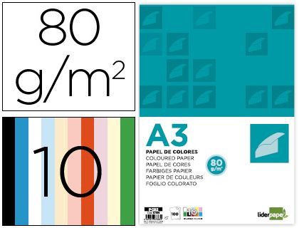 Papel color liderpapel A3 80gr/m2 10 colores surtidos paquete 100 hojas