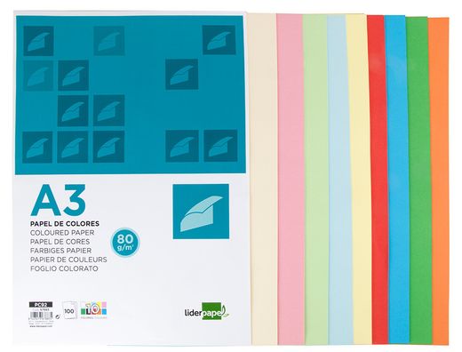 Papel color liderpapel A3 80gr/m2 10 colores surtidos paquete 100 hojas