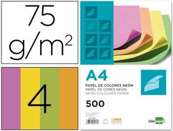 Papel Color Liderpapel A4 75G/M2 Neon 4 Colores Surtidos Paquete de 500