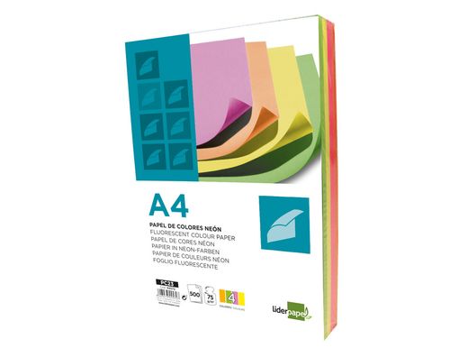 Papel Color Liderpapel A4 75G/M2 Neon 4 Colores Surtidos Paquete de 500