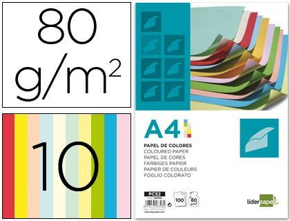 Papel Color Liderpapel A4 80G/M2 10 Colores Surtidos Paquete de 100