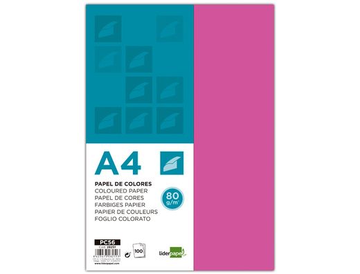 Papel Color Liderpapel A4 80G/M2 Fucsia Paquete de 100