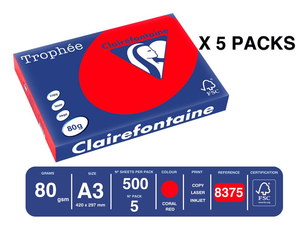 Papel color trophee A3 80gr rojo coral paquete de 500 hojas