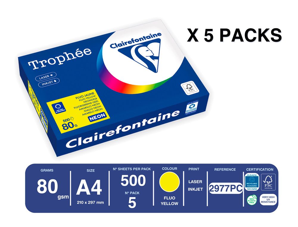 Papel color trophee A4 80gr amarillo neon paquete de 500 hojas