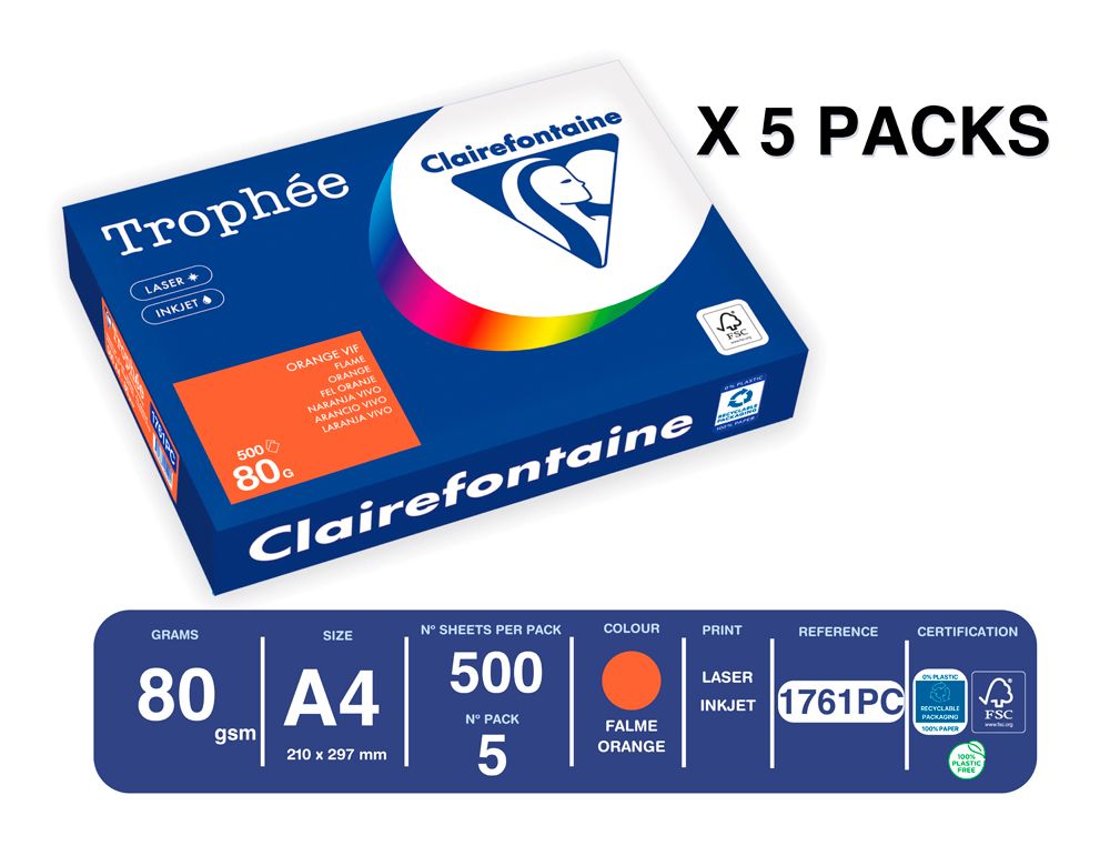 Papel color trophee A4 80gr naranja intenso paquete de 500 hojas