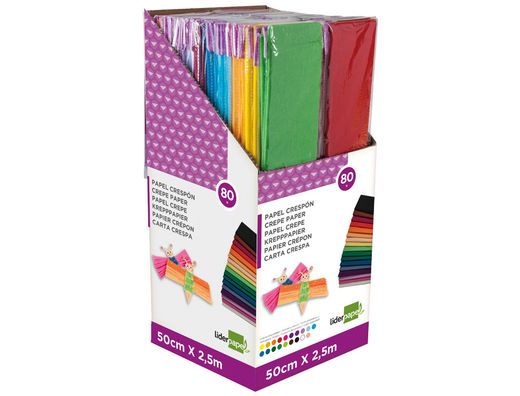 Papel Crespon Liderpapel 0.50 X 2.50 Mt Encelofanado -Expositor de 80 Unidades Colores Surtidos