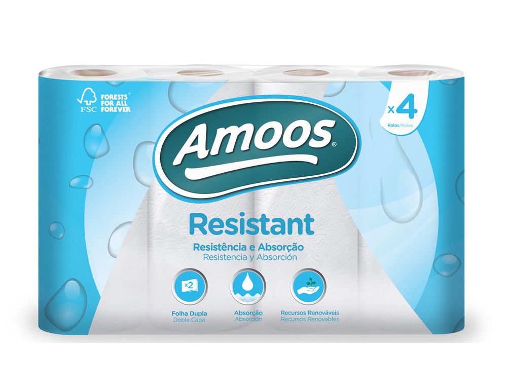 Papel de cocina amoos 2 capas 100 mm diametro x 224 mm alto 42g/m2 36 servicios paquete de 4 rollos