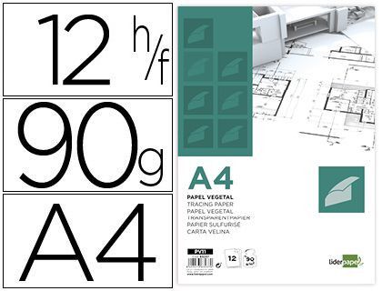 Papel dibujo liderpapel a4 210x297mm 90g/m2 vegetal sobre de 12 hojas