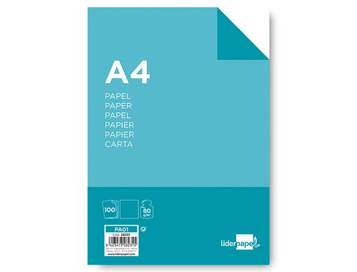 Papel liderpapel a4 80g/m2 paquete de 100 blanco