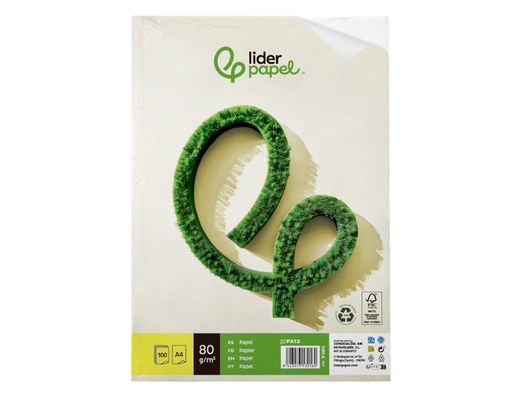 Papel liderpapel A4 80g/m2 reciclado liso paquete de 100 hojas