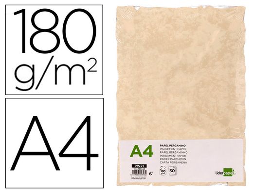 Papel pergamino liderpapel din a4 con bordes 180g/m2 color crema paquete de 50 hojas