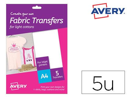Papel transfer avery para camisetas algodon color blanco ink-jet din a4 pack de 5 hojas