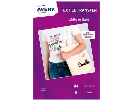 Papel transfer avery para camisetas algodon color blanco ink-jet din a4 pack de 5 hojas