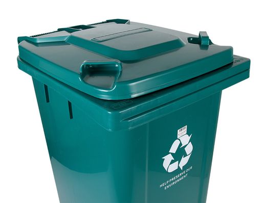 Papelera contenedor q-connect plastico con tapadera y ruedas 240 litros 1040x620x610 mm verde