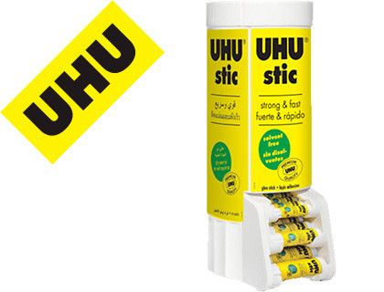 Pegamento uhu barra expositor sobremesa multiformato 8-21-40 gr 530x190x210 mm + 12 uds sin cargo 21 gr