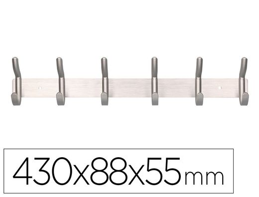Perchero liderpapel pared metalico 6 colgadores color plata mate 430x88x55 mm