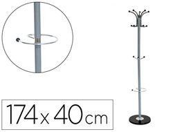 Perchero metalico q-connect gris de pie 10 colgadores y paraguero 174x40cm