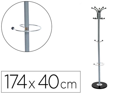 Perchero metalico q-connect gris de pie 10 colgadores y paraguero 174x40cm