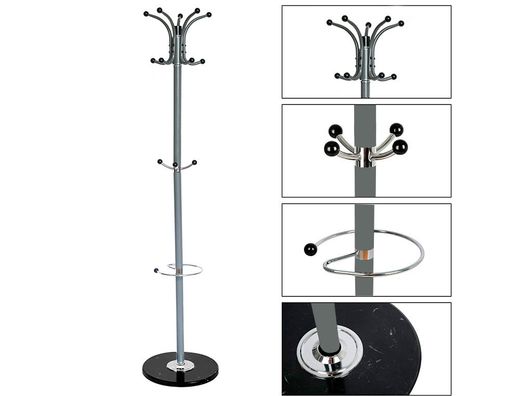 Perchero metalico q-connect gris de pie 10 colgadores y paraguero 174x40cm