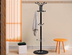 Perchero metalico q-connect negro de pie 10 colgadores y paraguero 174x40 cm