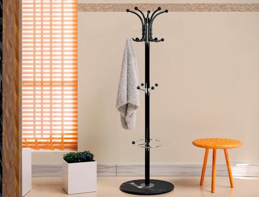 Perchero metalico q-connect negro de pie 10 colgadores y paraguero 174x40 cm