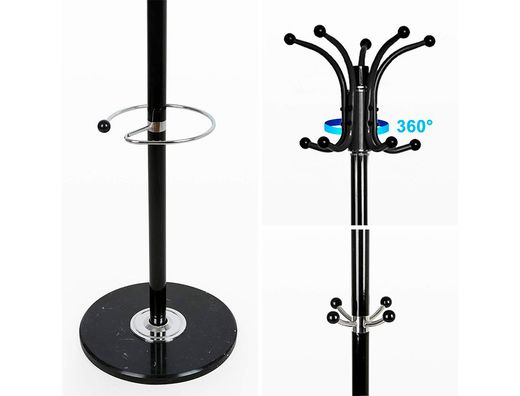 Perchero metalico q-connect negro de pie 10 colgadores y paraguero 174x40 cm