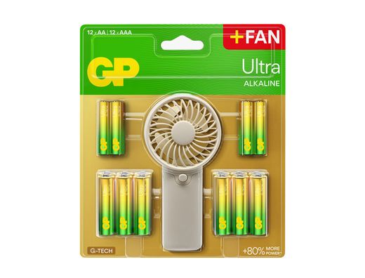 Pila gp ultra alcalina blister de 12 unidades aa + 12 unidades aaa + ventilador de mano