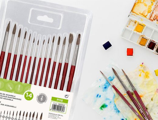 Pinceles acuarela liderpapel virola cromada pelo engomado blister de 14 unidades surtidas